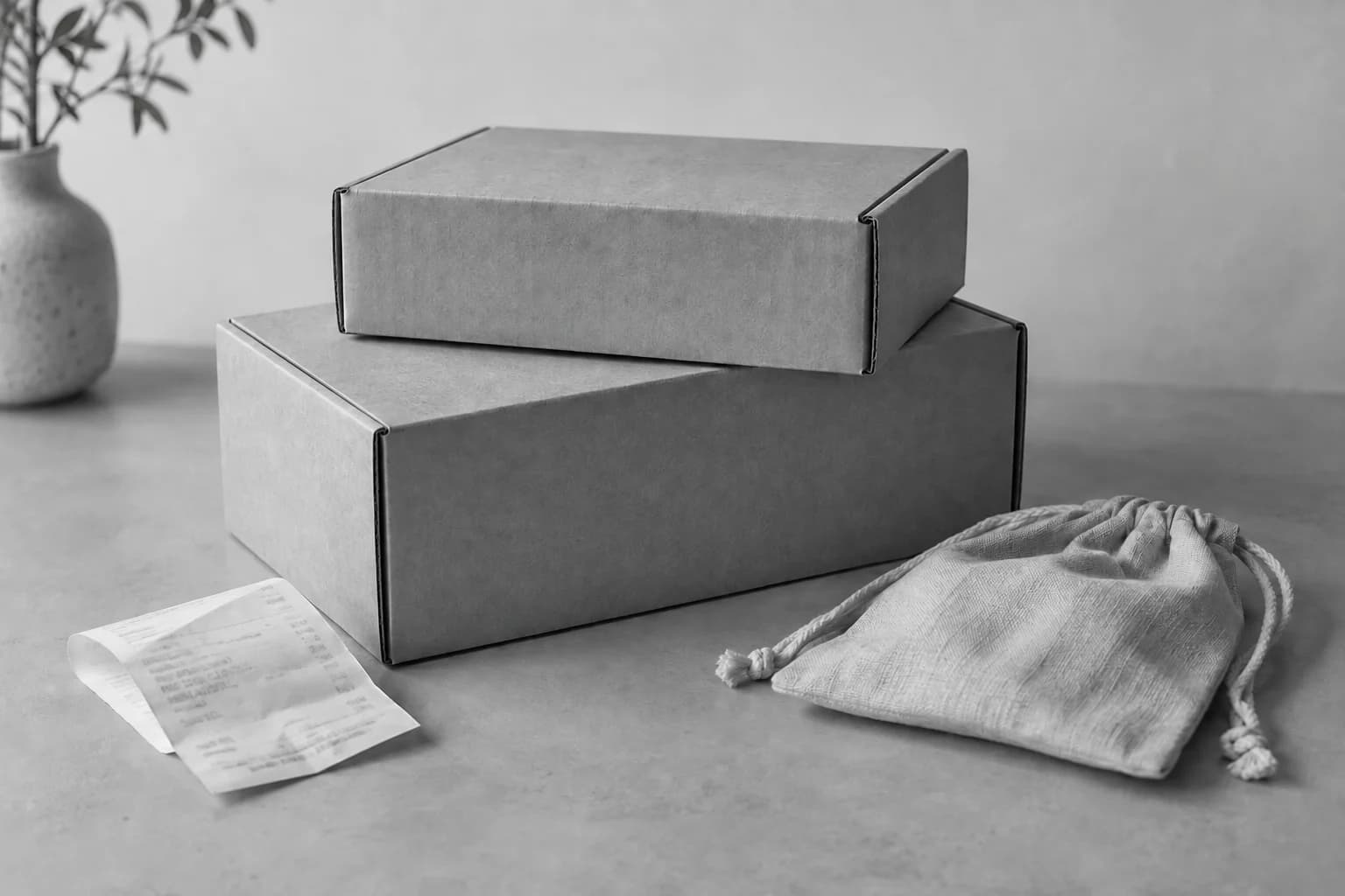 Monochrome still life of plain parcels, a receipt, and a fabric pouch
