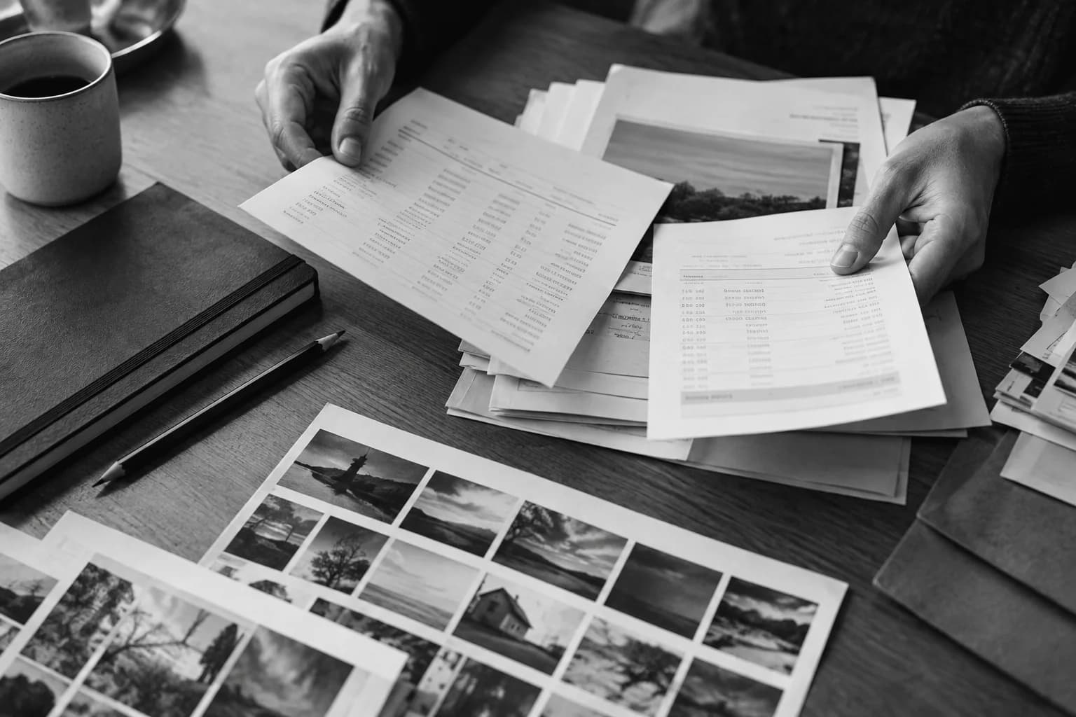 Monochrome photograph of hands comparing printed records at a desk